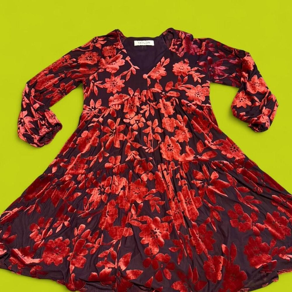 Taylor Floral Burgundy Velvet Burnout Floral Mini Tiered Dress sz 10 (medium)